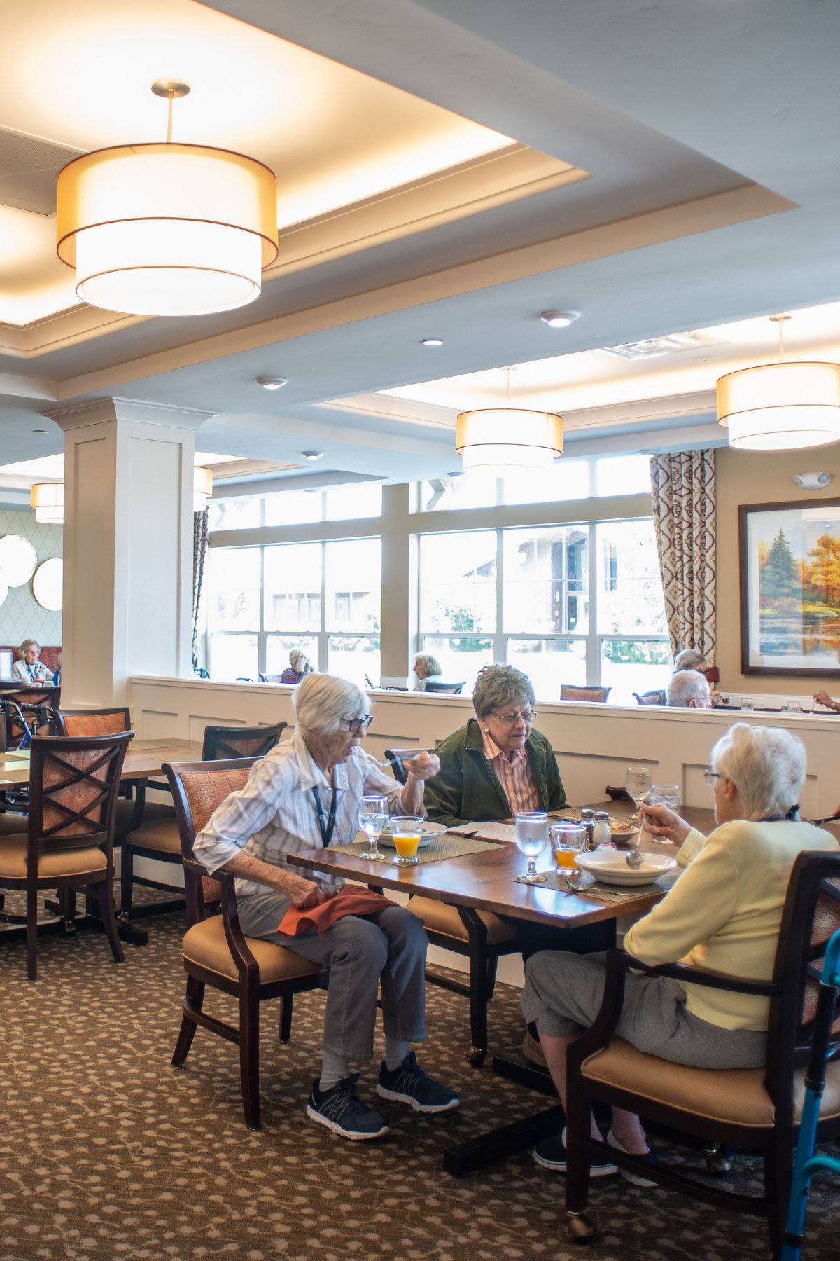 residents dining in dining area portrait